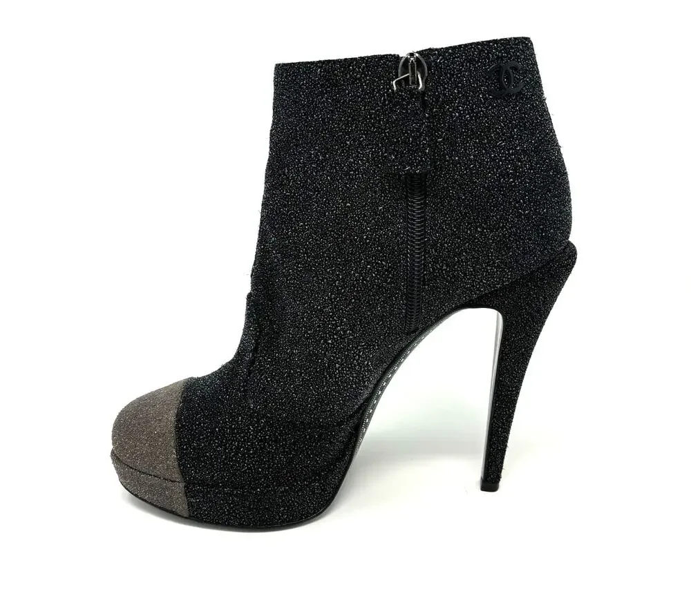 CHANEL Black Grey Glitter Leather Heel Booties Size 37 CC Logo